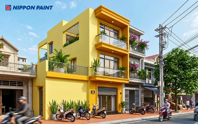 Mặt tiền nhà phố sơn vàng Glisten và Carlsbad Canyon tạo vẻ sáng, rạng rỡ