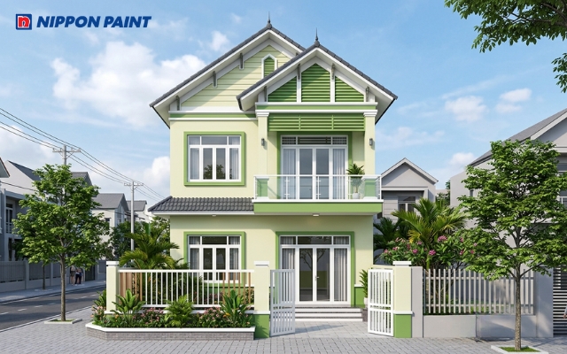 Nhà mái Thái 2 tầng sơn Creamy Cucumber, Green Aspen, White tạo vẻ nhẹ nhàng, xanh mát