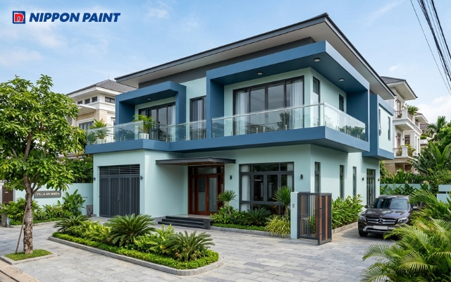Mặt tiền biệt thự sơn màu Aquapeak và Blue Snow tạo vẻ sang trọng, dịu mát