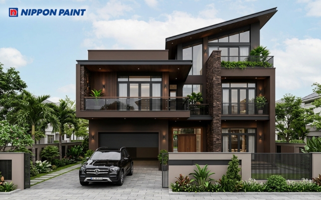 Sơn mặt tiền biệt thự màu nâu (26B - 4D) mang đến không gian tự nhiên và hiện đại