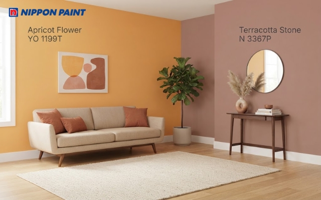 Màu mơ (Apricot Flower - YO 1199T) kết hợp terracotta (Terracotta Stone - N 3367P) mang đến không gian ấm áp và có chiều sâu