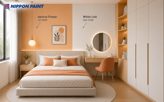 Màu mơ (Apricot Flower - YO 1199T) kết hợp màu trắng (White Link - OW V110P) tạo không gian sáng thoáng và thanh lịch