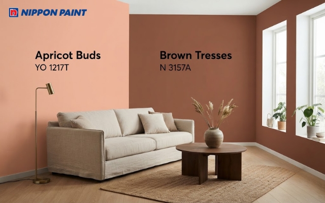 Phòng ngủ dùng màu mơ (Apricot Buds - YO 1217T) và nội thất nâu gỗ (Brown Tresses - N 3157A) mang lại cảm giác thư thái