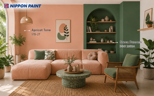 Màu xanh (Green Runners -BGG 2683A) kết hợp tường màu mơ (Apricot Tone -17B-2T) giúp không gian thêm sức sống
