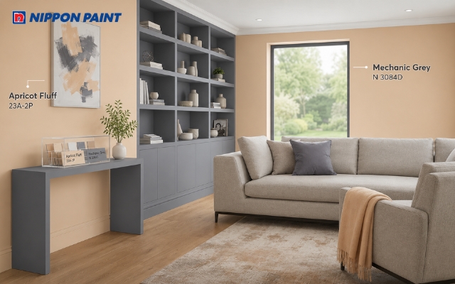Không gian sử dụng màu mơ (Apricot Fluff - 23A-2P) và xám (Mechanic Grey - N 3084D) trở nên tinh tế, trang nhã hơn