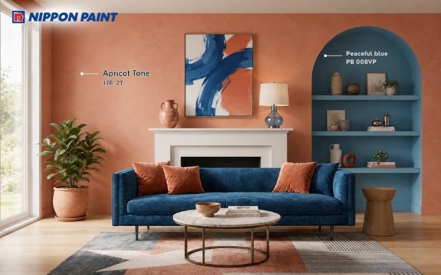 Màu mơ (Apricot Tone -17B-2T) phối cùng xanh dương (Peaceful blue - PB 008VP) tạo điểm nhấn hài hòa và nổi bật