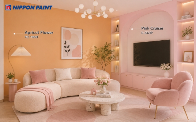 Màu mơ (Apricot Flower - YO 1199T) phối hồng pastel (Pink Cruiser - R 2321P) tạo tổng thể mềm mại và nữ tính