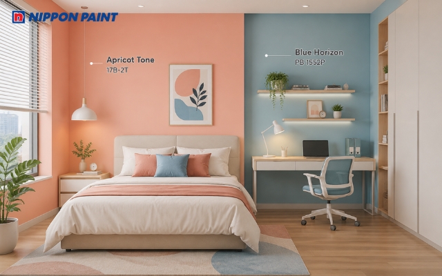 Không gian kết hợp màu mơ (Apricot Tone -17B-2T) và xanh dương (Blue Horizon -PB 1552P) mang đến vẻ trẻ trung, hiện đại