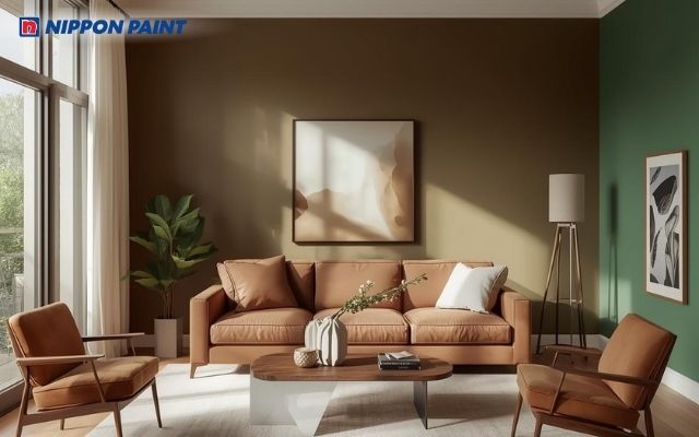 Phối sơn nâu đất với xanh olive trong phòng khách tạo cảm giác gần gũi với thiên nhiên hơn