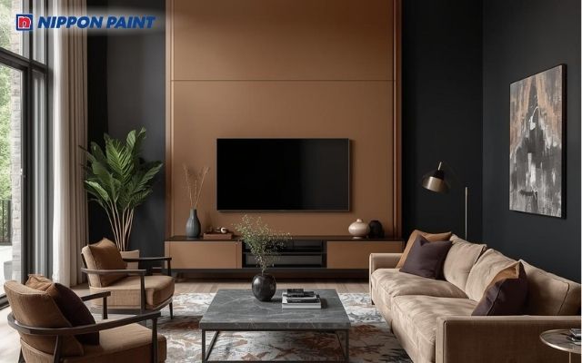 Sơn nâu nhạt kết hợp với đen tạo cảm giác chắc chắn, ổn định cho không gian phòng khách