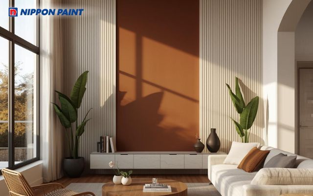 Màu nâu phối cùng màu trắng be để tạo sự hài hoà, cân đối cho phòng khách