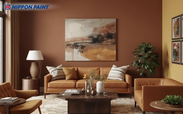 Phối sơn màu nâu với vàng nhạt giúp phòng khách trở nên sinh động và ấm áp hơn
