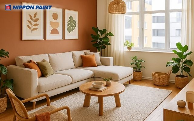 Sơn nâu đất kết hợp với trắng kem giúp tạo điểm nhấn sinh động cho phòng khách