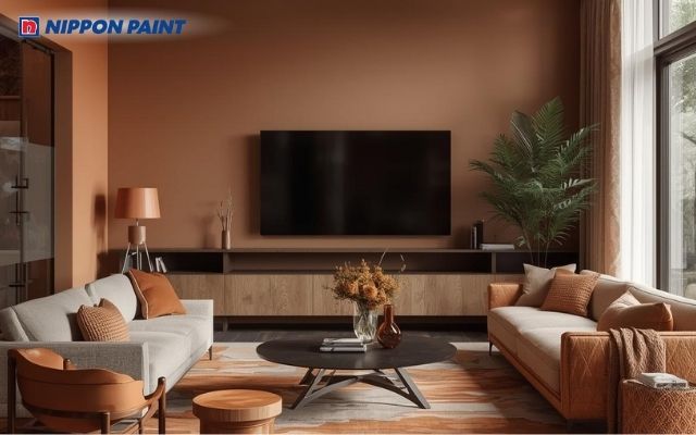 Phối màu nâu chocolate với cam nhạt tạo nên một phòng khách hiện đại, thanh lịch