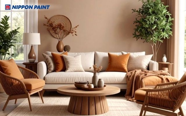 Sơn màu nâu kết hợp cùng ánh sáng tự nhiên giúp phòng khách trông nhẹ nhàng, hài hòa hơn