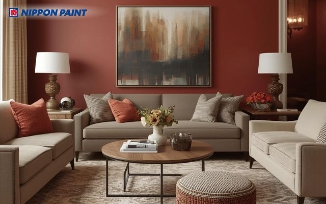 Phối sơn màu nâu đỏ trong phòng khách giúp tôn lên vẻ đẹp sang trọng, hiện đại và thanh lịch