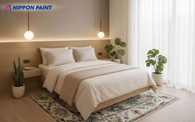 Sơn nâu nhạt phối cùng màu kem tạo cảm giác an toàn và dễ chịu cho phòng ngủ