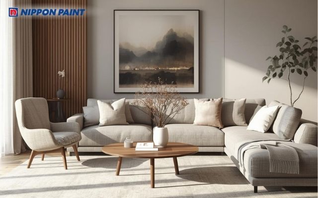 Sơn nâu pastel kết hợp với xám nhạt tạo cảm giác cân bằng và thư giãn cho phòng khách