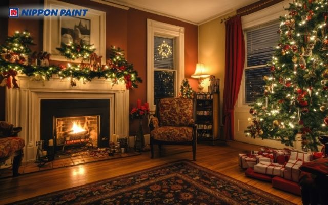 Phối sơn màu nâu cùng màu trắng kem giúp phòng khách sáng sủa, ấm áp hơn