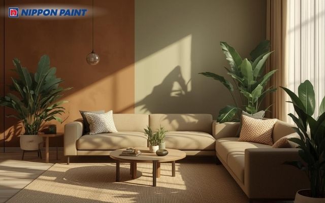 Sơn màu nâu kết hợp với xanh lá cây tạo cảm giác thư thái, bình yên, hoà hợp với thiên nhiên