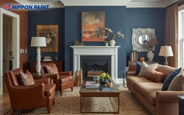 Phối màu nâu gỗ và xanh dương mang lại vẻ đẹp sang trọng, quý phái cho phòng khách