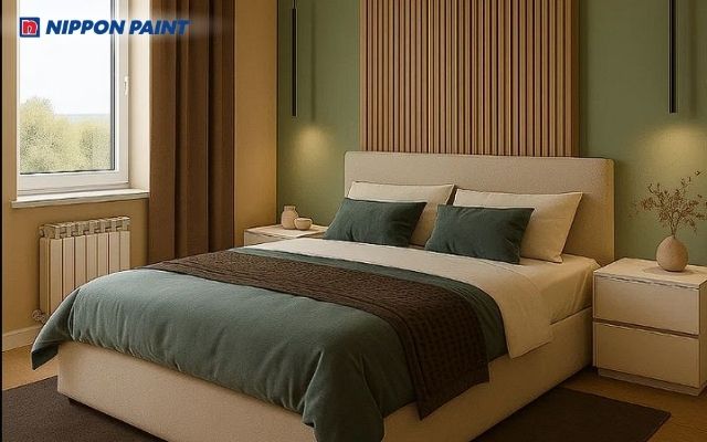 Phối nâu sữa và xanh olive cho phòng ngủ tạo cảm giác nhẹ nhàng và dễ chịu