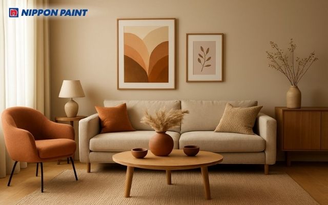 Sơn nâu nhạt kết hợp ánh sáng trắng tạo không gian phòng khách ấm áp và gần gũi