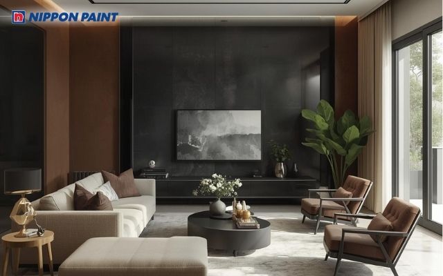 Sơn nâu trầm kết hợp với màu đen tạo nên không gian phòng khách sang trọng và đẳng cấp