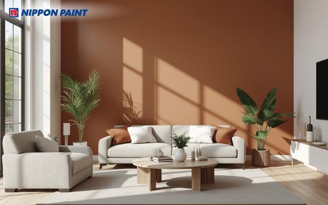 Màu trắng làm giảm bớt sự nặng nề, u tối của nâu đất, giúp phòng khách hài hoà, tinh tế hơn