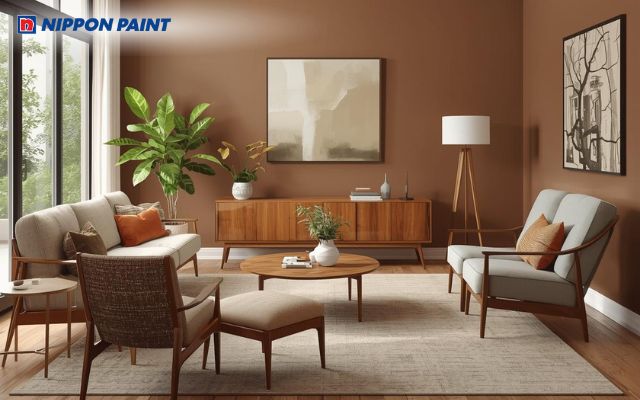 Phòng khách trở nên ấm cúng, sang trọng hơn với sắc nâu đất trầm lắng