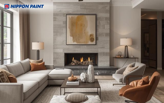 Gam màu xám làm dịu sắc nâu, giúp tạo sự cân bằng thị giác