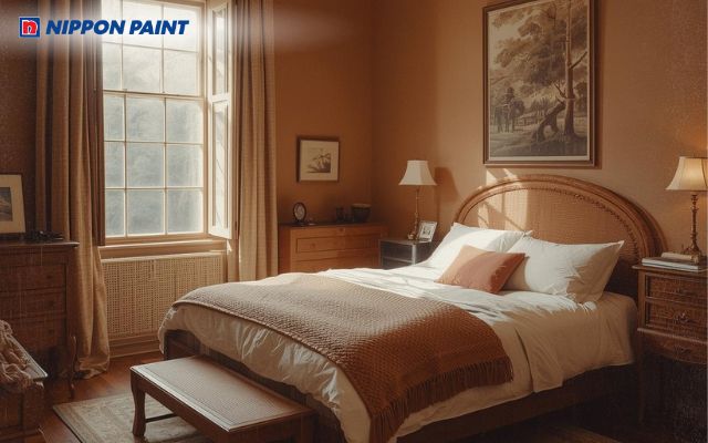 Phòng ngủ phối màu nâu đất mang lại cảm giác trầm lắng, an yên