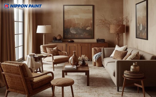 Nâu đất kết hợp nâu nhạt tạo nên tổng thể nhẹ nhàng, không quá u tối hay nặng nề