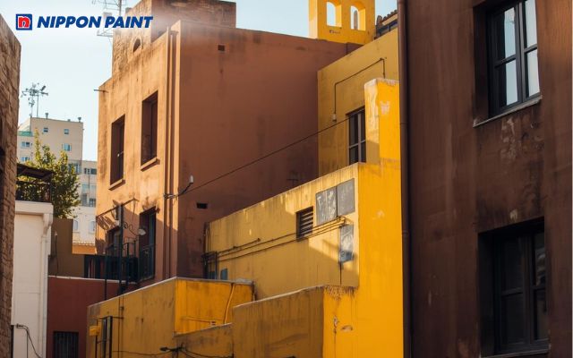 Sắc vàng làm nổi bật nền nâu đất trầm ấm, mang lại vẻ đẹp sang trọng và có chút hoài cổ