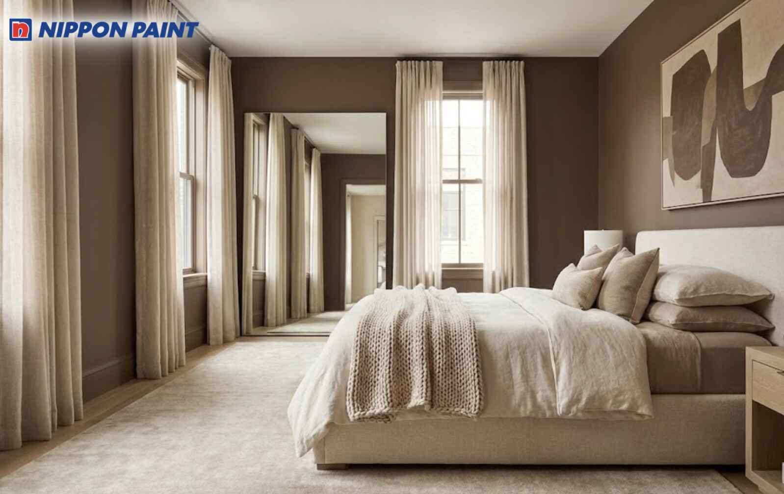 Phòng ngủ sơn tường màu nâu mocha kết hợp màu be nhạt