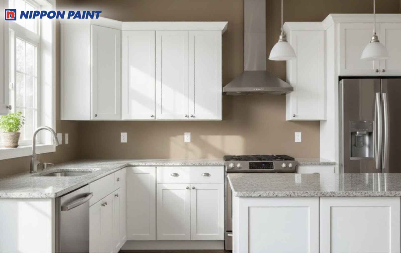 Phối nâu mocha với nội thất màu trắng giúp không gian phòng bếp ấm áp và dễ chịu