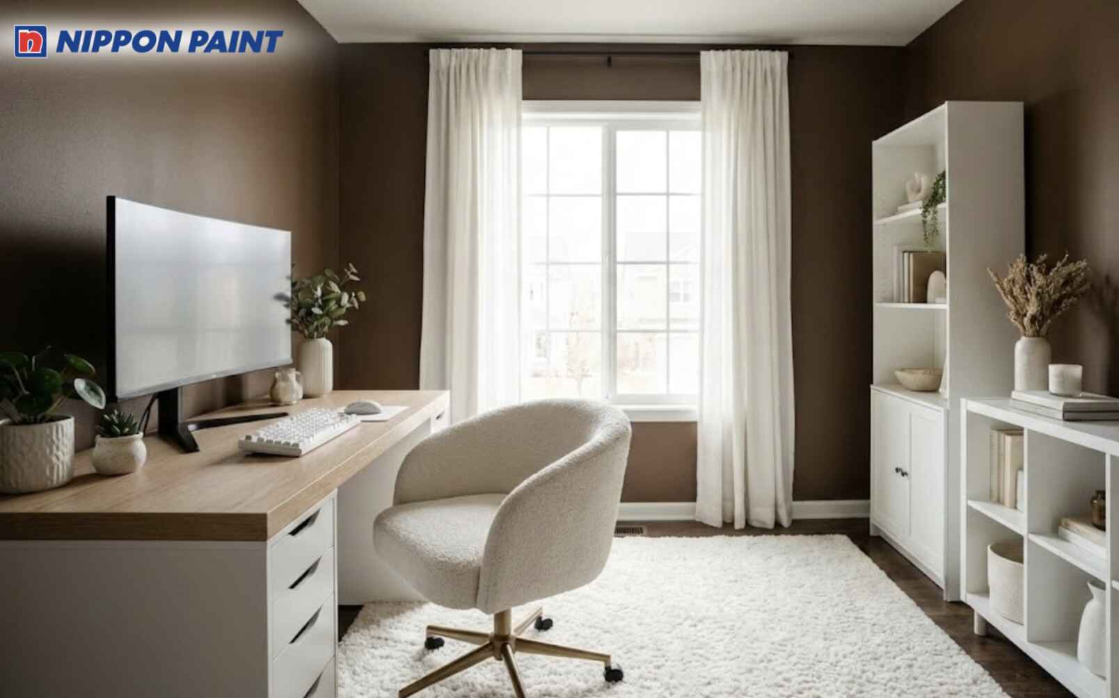 Phòng làm việc nâu mocha kết hợp trắng kem tạo cảm giác trầm tĩnh và tập trung