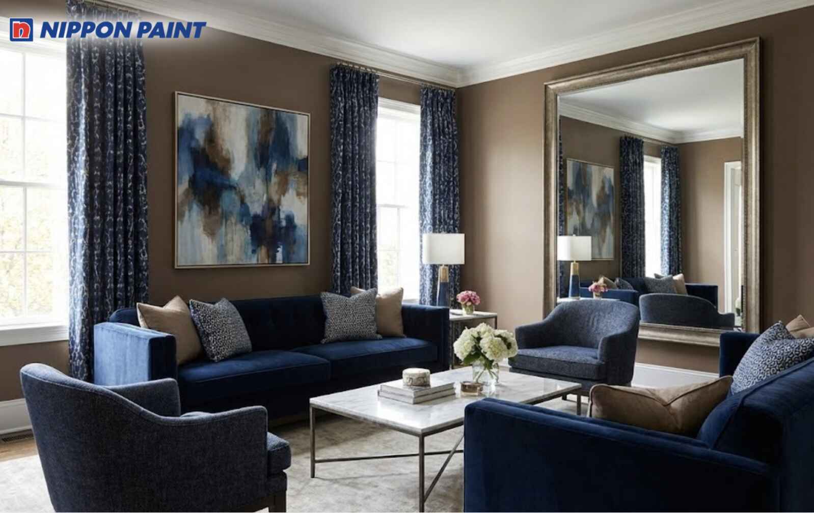 Nâu mocha kết hợp với xanh navy giúp phòng khách có chiều sâu hơn