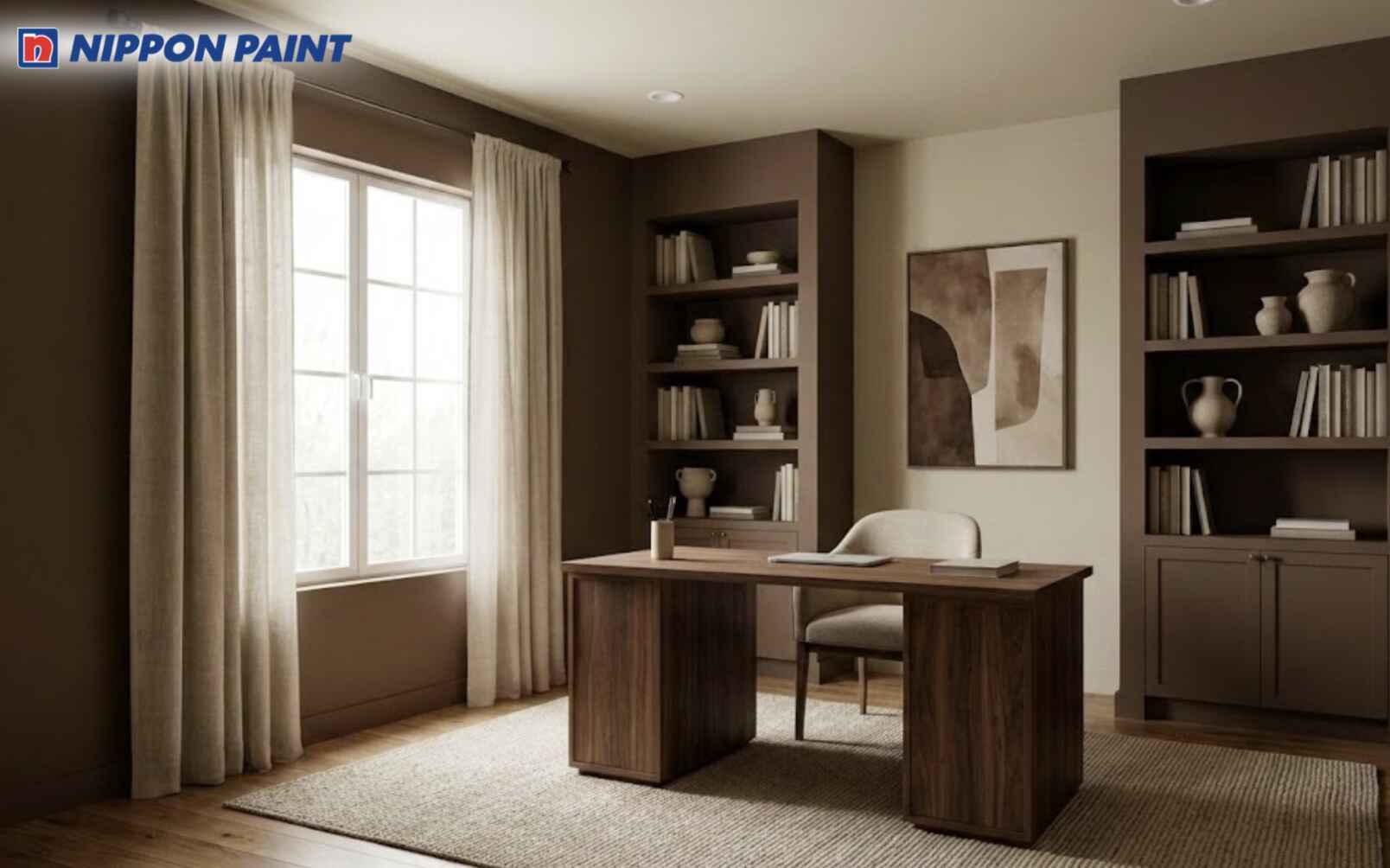 Phòng làm việc gam nâu mocha kết hợp nội thất gỗ phù hợp cho không gian tại nhà