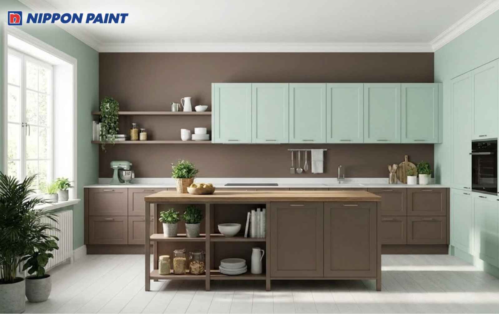 Nâu mocha kết hợp màu xanh mint giúp không gian bếp hiện đại, hài hoà