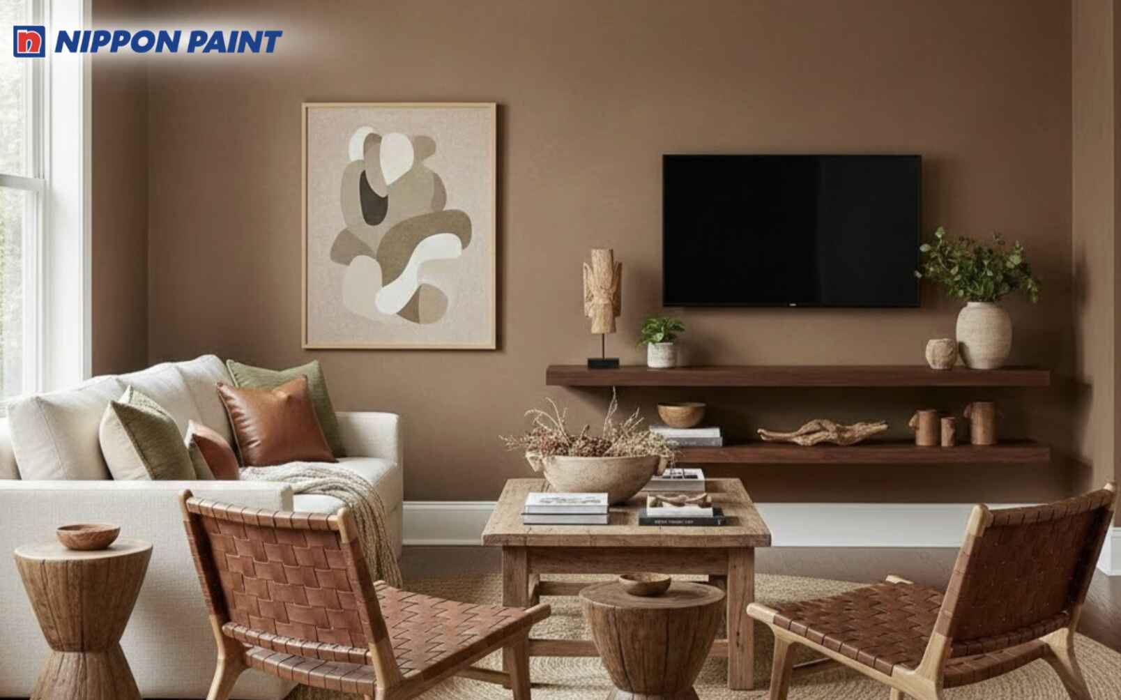 ết hợp nâu mocha với gỗ tự nhiên tạo cảm giác đồng nhất và ổn định cho phòng khách