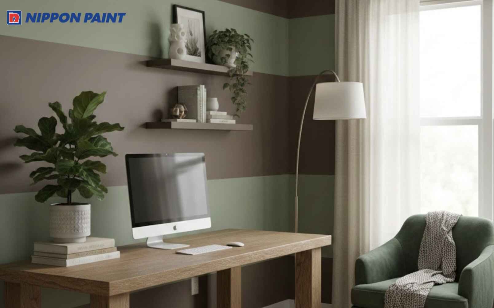 Nâu mocha kết hợp xanh lá pastel giúp không gian làm việc có chiều sâu và bố cục rõ ràng hơn