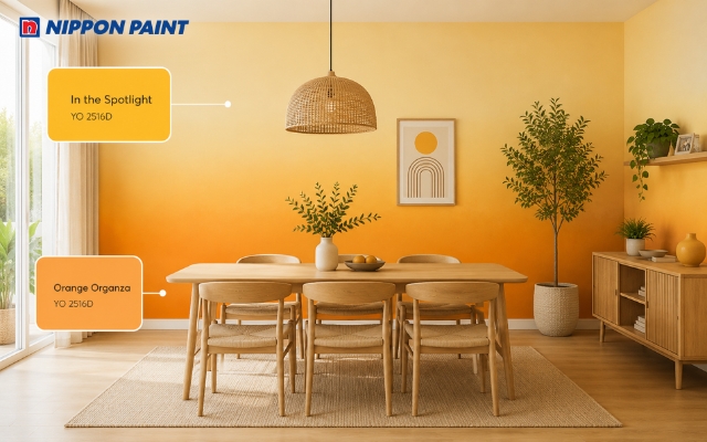 Phòng ăn ấm áp với tường sơn ombre vàng cam
