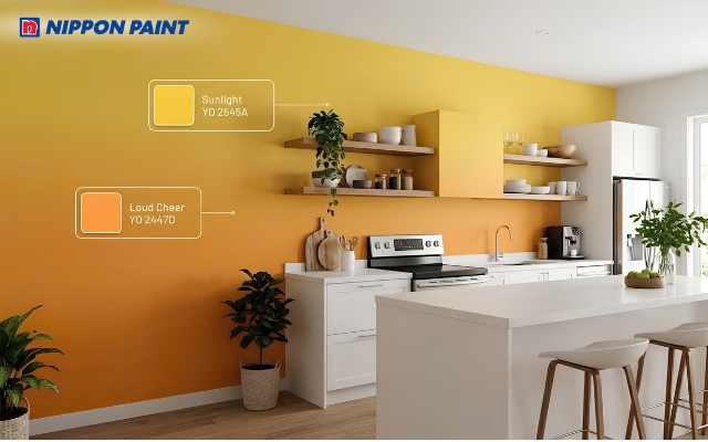 Sắc vàng cam kết hợp nội thất gỗ tạo tổng thể ấm và sáng