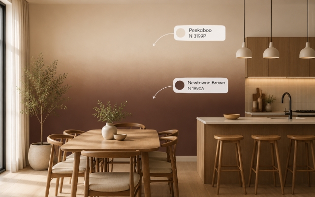 Không gian bếp ăn kết hợp màu ombre nâu đất