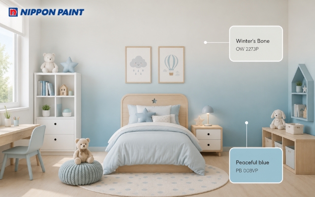 Phòng trẻ em nổi bật với tường ombre xanh trời và trắng
