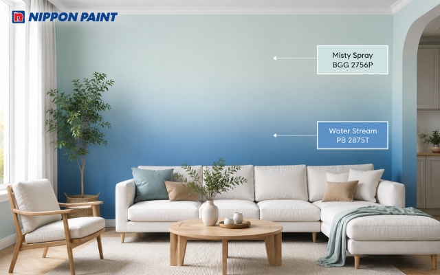 Sơn tường phòng khách hiệu ứng ombre xanh dương nhẹ nhàng