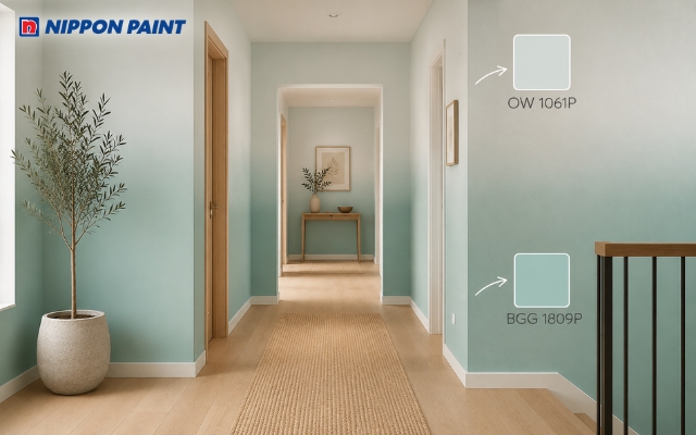 Hành lang hiện đại sử dụng tường ombre làm điểm nhấn
