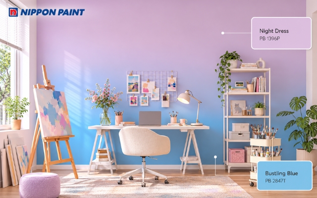 Cặp màu tím - xanh dương tạo nét nghệ thuật mà không làm không gian nặng nề