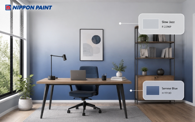 Góc làm việc hiện đại với tường sơn ombre xanh dương